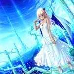 bare_shoulders blonde_hair blue_eyes dark_skin dress dutch_angle highres horns jewelry long_hair open_mouth original pendant sky solo tenmaso tower wings 
