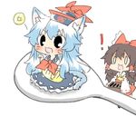  0_0 2girls :3 animal_ears blue_hair blush bow box brown_hair cat_ears cat_tail coin donation_box hakurei_reimu hat kamishirasawa_keine long_hair lowres maneki-neko multiple_girls open_mouth rebecca_(keinelove) ribbon rice_spoon short_hair spoon tail touhou v-shaped_eyebrows wavy_mouth 