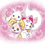  bow candy_(smile_precure!) crossover heart hummy_(suite_precure) kyubey mahou_shoujo_madoka_magica no_humans one_eye_closed pink_background pink_bow precure sasaki_teron smile_precure! suite_precure 