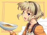  :d blonde_hair bowl collarbone food hairband holding jewelry necklace open_mouth original pasta pink_eyes short_hair smile solo tatsuhiko_(pasutaya) 