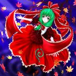  blush boots bow cofi_(eternal) cross-laced_footwear dress frills front_ponytail green_eyes green_hair hair_bow hair_ornament hair_ribbon kagiyama_hina lace-up_boots leaf light_smile long_hair looking_at_viewer red_dress ribbon short_sleeves solo touhou 