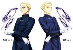  blonde_hair blue_eyes dual_persona fate/zero fate_(series) gloves kayneth_el-melloi_archibald male_focus mercury miduha0102 multiple_boys volumen_hydragyrum white_gloves 