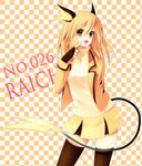  animal_ears aporo arm_behind_back black_legwear brown_eyes character_name checkered checkered_background finger_to_mouth gen_1_pokemon looking_at_viewer open_mouth orange_hair personification pokemon raichu short_hair skirt solo tail thighhighs zettai_ryouiki 
