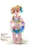  alternate_hairstyle bad_id bad_pixiv_id ball beachball bikini blonde_hair blush fate_testarossa hair_ribbon light_smile lyrical_nanoha mahou_shoujo_lyrical_nanoha red_eyes ribbon solo swimsuit translation_request tsuta_no_ha 