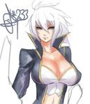  blazblue blazblue:_chronophantasma breasts bullet_(blazblue) bustier cleavage eu03 impossible_clothes large_breasts navel popped_collar short_hair sketch solo white_hair 