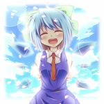  blue_hair bow cirno closed_eyes hair_bow ice ice_wings kousa_(black_tea) necktie open_mouth short_hair short_sleeves smile solo touhou wings 