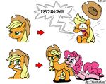  applejack_(mlp) bite blonde_hair blue_eyes comic cowboy_hat cutie_mark duo earth_pony equine female feral freckles friendship_is_magic fur green_eyes hair hat horse looking_back mammal my_little_pony one_eye_closed open_mouth orange_fur pain pink_fur pink_hair pinkie_pie_(mlp) plain_background pony smile teeth tongue white_background yoshiman 