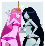  2girls \m/ adventure_time ass bikini black_eyes black_hair blue_background breasts butt_crack crown eric_lowery fang from_behind grin hand_holding heart highres interlocked_fingers large_breasts long_hair looking_back marceline marceline_abadeer multiple_girls pink_hair pink_skin princess_bonnibel_bubblegum princess_bubblegum sideboob simple_background smile ss2_(artist) swimsuit tiara vampire very_long_hair wink 