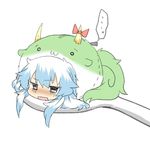  :3 blue_hair ex-keine horns kamishirasawa_keine long_hair lowres open_mouth rebecca_(keinelove) rice_spoon solo spoon sukusuku_hakutaku tail touhou 