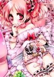  bare_shoulders blush bow food fork fruit garters grapes hair_ornament icing knife looking_at_viewer lying on_back original panties patatata pink_hair pink_panties red_eyes shiny solo twintails underwear wrist_cuffs 