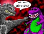  ambiguous_gender barney barney_&amp;_friends barney_and_friends black_eyes brown_eyes cerberussel claws dialog dialogue dinosaur godzilla godzilla_(series) green_belly kaiju not_furry open_mouth plain_background purple purple_body red_background scalie spines teeth text unknown_artist 