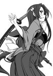  akechi_mitsuhide_(oda_nobuna_no_yabou) armor breastplate greyscale hair_ornament hakama japanese_clothes katana long_hair low-tied_long_hair monochrome ningen_(ningen96) oda_nobuna_no_yabou profile simple_background solo sword weapon white_background 