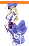  bare_shoulders blonde_hair blue_eyes bonne_jenet bracelet breasts cleavage dress fatal_fury fingerless_gloves gloves hat jewelry jolly_roger large_breasts long_hair mark_of_the_wolves pirate pirate_hat snk solo tattoo wide_hips yunioshi 