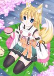  animal_ears blonde_hair blue_eyes cherry_blossoms detached_sleeves fox_ears fox_tail japanese_clothes md5_mismatch miko original petals solo tail thighhighs tsukino_neru 