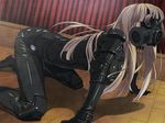  1girl all_fours bdsm blonde_hair bodysuit bondage bound breasts brown_hair crawl euphoria euphoria_(clockup) game_cg gas_mask gimpgear gimpsuit indoors latex leather leather_suit long_hair mask natsuki_aoi skin_tight solo wig 
