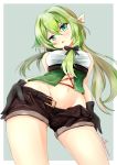  1girl belt black_belt black_bow black_panties black_shorts bow breasts commentary_request date elf eyebrows_visible_through_hair from_below gloves goblin_slayer! green_eyes green_hair grey_background hair_between_eyes hair_bow high_elf_archer_(goblin_slayer!) highres long_hair looking_at_viewer looking_down mr_lobster navel open_mouth panties pointy_ears short_shorts shorts shorts_pull sidelocks simple_background small_breasts solo twitter_username underwear 