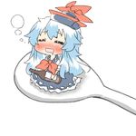  alcohol blue_hair blush bottle closed_eyes hat kamishirasawa_keine long_hair lowres open_mouth rebecca_(keinelove) rice_spoon solo spoon touhou wine 