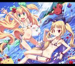  animal armpits bare_shoulders beach bikini blazblue blonde_hair bow crab dutch_angle fang flat_chest flower food gii glasses hair_bow hair_flower hair_ornament hairband hakumen heart heart-shaped_pupils innertube iron_tager leg_garter letterboxed lock long_hair looking_at_viewer messy multiple_girls nago navel ocean open_mouth petals platinum_the_trinity popsicle quad_tails rachel_alucard red_eyes side-tie_bikini slit_pupils smile swimsuit symbol-shaped_pupils toraishi_666 twintails two_side_up very_long_hair water waving 