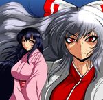  basilisk_(manga) black_hair blue_background bow brown_eyes cosplay eyelashes fujiwara_no_mokou grey_hair hair_bow highres houraisan_kaguya iga_oboro iga_oboro_(cosplay) japanese_clothes kimono kouga_gennosuke kouga_gennosuke_(cosplay) multiple_girls red_eyes silver_hair torii5011 touhou 