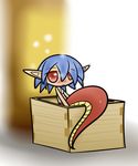  1girl blue_hair blush box cardboard_box concave lamia monster_girl pointy_ears red_eyes solo 