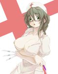  areola_slip areolae breasts cross glasses green_eyes green_hair hat highres large_breasts long_hair nurse nurse_cap open_clothes open_mouth original scalpel semi-rimless_eyewear solo syringe teresa007 under-rim_eyewear 