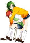  alternate_hairstyle bow cosplay costume_switch green_eyes green_hair hair_bow hair_ornament hairclip hino_akane_(smile_precure!) hino_akane_(smile_precure!)_(cosplay) hug hug_from_behind midorikawa_nao midorikawa_nao_(cosplay) miniskirt multiple_girls nanairogaoka_middle_school_uniform orange_shirt ponytail precure red_eyes red_hair school_uniform shirt sitting skirt sleeves_rolled_up smile_precure! socks stool sweater sweater_vest tima vest white_legwear 