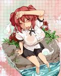  arm_up bad_id bad_pixiv_id blush breasts cosplay highres hitodama kariinu large_breasts leaf looking_at_viewer miniskirt onozuka_komachi open_mouth red_eyes red_hair shameimaru_aya shameimaru_aya_(cosplay) shirt sitting skirt soaking_feet solo sweat touhou two_side_up water wet wet_clothes wet_shirt white_shirt 