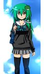  alternate_costume bag black_legwear blush breasts brown_eyes cardigan frog green_hair hair_ornament hair_tubes honehone kochiya_sanae long_hair medium_breasts school_uniform skirt smile snake solo thighhighs touhou 