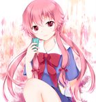  bad_id bad_pixiv_id cellphone gasai_yuno goma_(11zihisin) hair_ribbon holding long_hair looking_at_viewer mirai_nikki phone pink_eyes pink_hair ribbon school_uniform solo twintails 