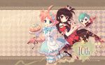  :d ahiru ahoge alice_in_wonderland anniversary apron argyle argyle_background artist_name bad_id bad_pixiv_id bare_shoulders blue_eyes blush braid brown_hair cake copyright_name cup dress english fairy fishnet_pantyhose fishnets flying food green_hair heart highres holding kneeling long_hair looking_at_viewer multiple_girls nail_polish open_mouth pantyhose princess_tutu red_eyes rue_(princess_tutu) santa_matsuri saucer short_hair single_braid sitting smile staff striped striped_legwear teapot thighhighs uzura_(princess_tutu) 