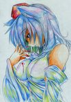  animal_ears bare_shoulders blood breasts claws colored_pencil_(medium) detached_sleeves hat highres impossible_clothes inubashiri_momiji kitazinger large_breasts profile shaded_face short_hair solo tokin_hat touhou traditional_media upper_body white_hair wolf_ears 