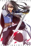  bad_id bad_pixiv_id black_hair boots cape greaves highres knee_boots long_hair male_focus pauldrons red_eyes solo sword takamono tales_of_(series) tales_of_vesperia weapon yuri_lowell 