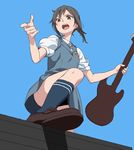  blush brown_eyes brown_hair day guitar holding instrument kneehighs loafers open_mouth sakai_wakana school_uniform shoes short_hair sky solo tari_tari tatsuki3594 