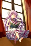  amrita bad_id bad_pixiv_id barefoot blush book curtains dress feet frilled_dress frills hair_ribbon highres horns indoors jenevan jewelry lock long_hair necklace open_book pink_eyes purple_hair ribbon sitting soles solo sword_girls window 