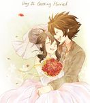  1girl bad_id bad_pixiv_id black_(pokemon) bouquet brown_hair closed_eyes couple dress elbow_gloves english flower formal gloves gown hair_bun height_difference hetero laughing long_hair luoxin necktie pokemon pokemon_(game) pokemon_bw pokemon_special red_flower red_rose rose short_hair suit veil wedding wedding_dress white_(pokemon) white_dress 