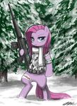 anthrofied bandage blood equine female friendship_is_magic gun horn horse john_joseco looking_at_viewer mammal my_little_pony outside pinkamena_(mlp) pinkie_pie_(mlp) pony ranged_weapon snow solo tree weapon wood wounded 