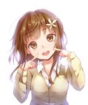  :d brown_eyes brown_hair dabadhi finger_to_face hair_ornament highres long_hair open_mouth original smile solo upper_body white_background 