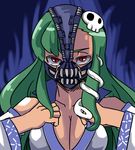  bane bane_(cosplay) batman_(series) breasts cleavage commentary_request cosplay dc_comics detached_sleeves green_hair hair_ornament kochiya_sanae large_breasts long_hair mask parody red_eyes slit_pupils solo the_dark_knight_rises touhou zassou_maruko 