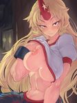  ario blonde_hair blush breasts cuffs highres horn hoshiguma_yuugi large_breasts long_hair looking_at_viewer midriff naughty_face nipples no_bra red_eyes see-through shackles smile solo star sweat toned touhou 
