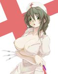  areola_slip areolae breasts cross green_eyes green_hair hat highres large_breasts long_hair nurse nurse_cap open_clothes open_mouth original scalpel solo syringe teresa007 
