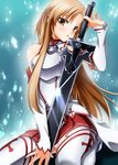  asuna_(sao) braid breastplate brown_hair detached_sleeves highres long_hair panties pantyshot pantyshot_(sitting) sitting sumeragi_tomo sword sword_art_online thighhighs underwear wariza weapon white_legwear white_panties yellow_eyes 