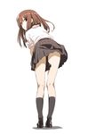  bent_over black_legwear brown_hair from_behind highres kneehighs long_hair looking_at_viewer looking_back original parted_lips plaid plaid_skirt red_eyes saitou_masatsugu school_uniform simple_background skirt solo thighhighs white_background zettai_ryouiki 