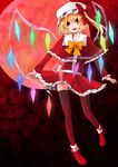  adapted_costume black_legwear blonde_hair blush capelet crystal fangs flandre_scarlet full_moon hat hat_ribbon highres kelu. long_sleeves moon open_mouth puffy_sleeves red_eyes red_moon ribbon short_hair side_ponytail skirt smile solo thighhighs touhou wings 