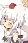  animal_ears bare_shoulders blush breasts detached_sleeves ear_pull hat inubashiri_momiji kajio_(maburo) medium_breasts open_mouth red_eyes short_hair silver_hair solo tail tokin_hat touhou wince wolf_ears wolf_tail 