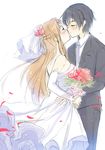  1girl asuna_(sao) bad_id bad_pixiv_id black_hair bouquet bride brown_hair closed_eyes couple dress flower formal groom hetero kirito kiss long_hair necktie short_hair sousouman suit sword_art_online wedding_dress 