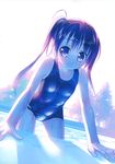  absurdres black_eyes black_hair blush collarbone dutch_angle highres long_hair looking_at_viewer one-piece_swimsuit original outdoors pool poolside scan school_swimsuit shiny shiny_clothes smile solo swimsuit takoyaki_(roast) tree twintails wet wet_clothes 