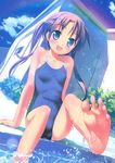  :d absurdres barefoot black_hair blue_eyes blue_swimsuit blush cloud competition_school_swimsuit day dutch_angle feet foreshortening highres one-piece_swimsuit open_mouth original pool poolside pov_feet rainbow scan school_swimsuit sitting sky smile soaking_feet soles solo splashing swimsuit takoyaki_(roast) toes twintails water wet 