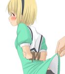  bdsm blonde_hair bondage bound dress dress_lift hairband higurashi_no_naku_koro_ni houjou_satoko looking_back midriff pantyhose puffy_sleeves red_eyes rope satou_yuu school_uniform short_hair short_sleeves simple_background solo standing white_background 