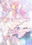  ahoge back bow choker dress gloves hair_bow kaname_madoka long_hair looking_at_viewer looking_back mahou_shoujo_madoka_magica pink_hair short_sleeves smile solo tahya thighhighs two_side_up ultimate_madoka very_long_hair white_dress white_gloves white_legwear wide_sleeves yellow_eyes zettai_ryouiki 