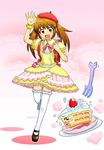 1girl animal_ears backpack bag beret blush bow brown_eyes brown_hair cake food fork fruit hat magical_girl mary_janes objectification original peril red_beret ribbon shoes strawberry tears tf transformation vore 